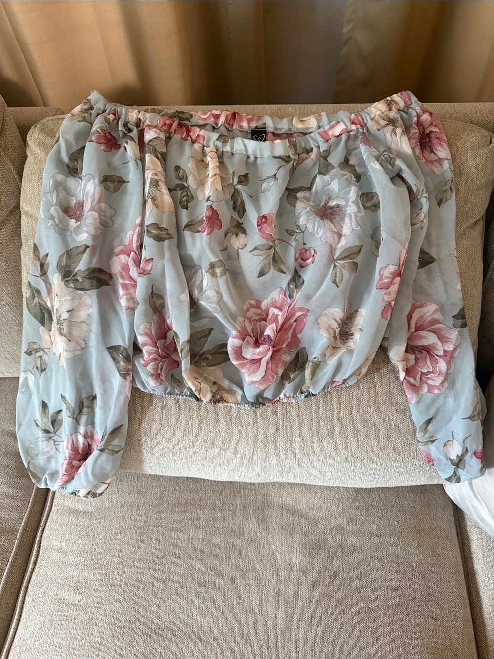 Floral Off-Shoulder Crop Top in Light Blue and Pink Sheer